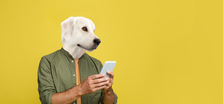 Man with ddog head looking at smartphone screen, copy space