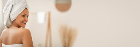 Beauty Ad. Horizontal Banner With Happy Young Woman Posing Wrapped In Towelの写真素材