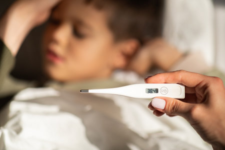 Tired little european boy lies on bed, sleeping, mom measures temperature with thermometer in bedroomの写真素材