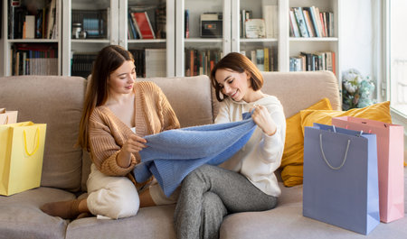 Happy pretty surprised millennial european ladies shopaholic in sweaters with shopping bags from storeの写真素材