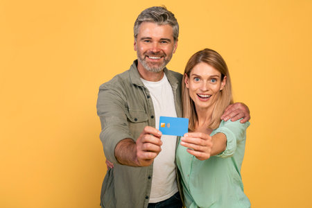 Easy digital payment. Happy middle aged spouses hugging and showing credit card to camera, recommending banking serviceの写真素材