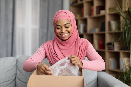 Fast delivery concept. Happy black lady in hijab received package, unpacking cardboard box, sitting on sofa, copy spaceの写真素材