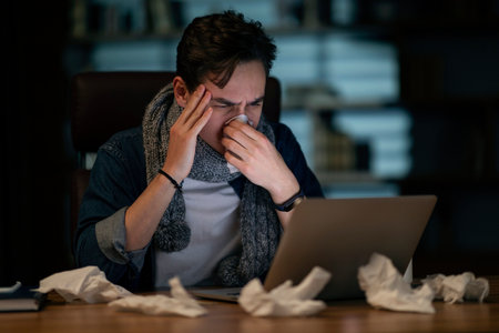 Sick employee suffering from headache, working at office, copy space