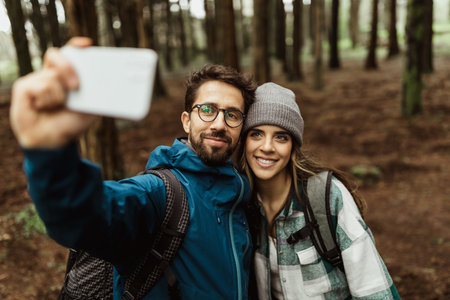Smiling young european couple tourists in jackets with backpack walk in autumn forest, take selfieの写真素材