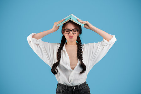 Upset caucasian teenager girl with pigtails in glasses female student presses book to head