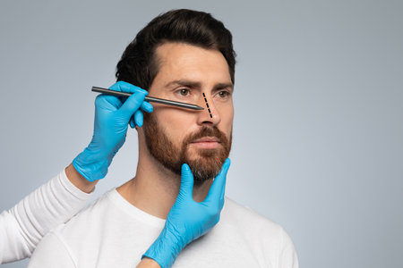 Doctor in protective gloves drawing marks on mans nose for cosmetic surgery operation, grey...