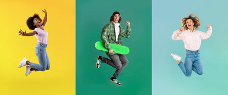 Overjoyed Multiethic People Jumping In Air Over Bright Studio Backgrounds