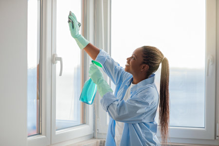 Happy young black woman housekeeper cleaning windows at apartment