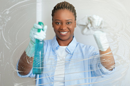Cheerful funny african american lady cleaning windows at homeの写真素材