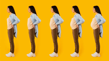 Stages of pregnancy. Young woman with different belly sizes standing over yellow studio background, full lengthの写真素材