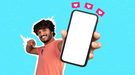 Cute indian guy showing smartphone blank screen at camera, collage