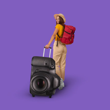 Happy young european woman in hat with backpack walking with huge photo camera suitcaseの写真素材
