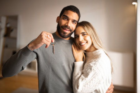 Cheerful young arab man hugging european wife, show keys, enjoy new home, celebration rental propertyの写真素材