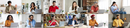 International group of people working online, set of photos