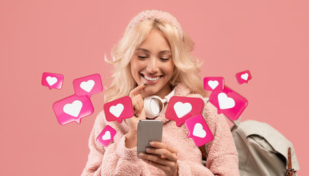 Smiling young blonde european woman with backpack has romantic chat with hearts on smartphone
