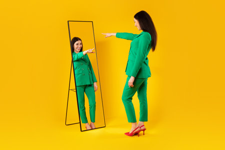 I choose myself. Excited stylish lady pointing finger at her reflection in mirror, yellow background, free spaceの写真素材