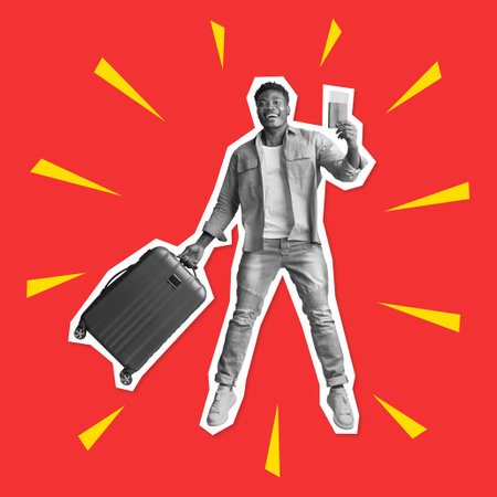 Smiling millennial african american man tourist with suitcase, tickets and passport jumpingの写真素材