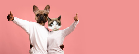 Happy african american lovers with animal faces embracing over pinkの写真素材