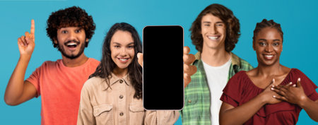 Inspired happy different people show smartphone with blank screen, make gratitude gesture, got idea