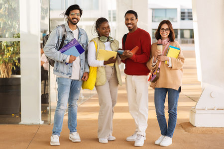 Smiling young diverse people students in casual with headphones, notebooks and coffee takeaway studyの写真素材