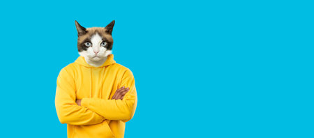 Black Man With Animal Head Crossing Hands On Blue Backgroundの写真素材