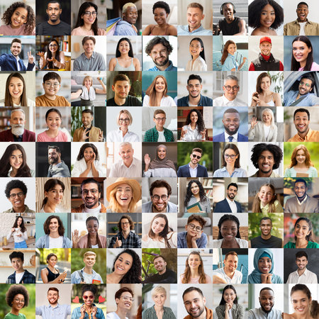 Set of cheerful multiethnic people sharing positive emotionsの写真素材