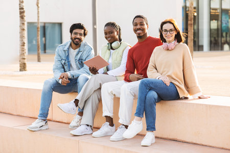 Happy young multiethnic people students in casual study with tablet, rest together outdoor, free spaceの写真素材
