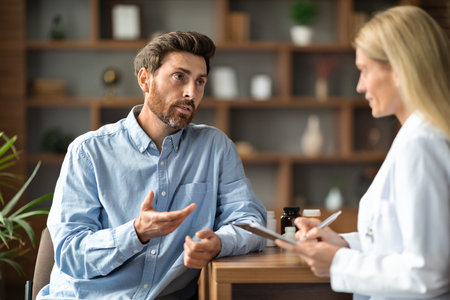 Male Patient Sharing Health Problems With Doctor Woman During Meeting In Officeの写真素材