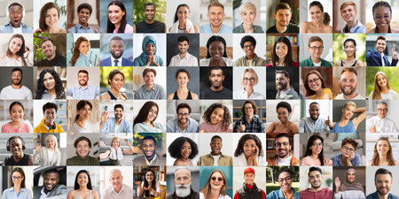 Happy multicultural people cheerfully smiling at camera, set of photosの写真素材