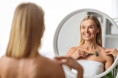 Skincare Treatments. Beautiful Middle Aged Woman Using Greenstone Jade Roller At Homeの写真素材