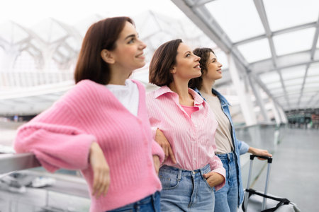 Side View Shot Of Three Female Friends Standing At Airport Terminalの写真素材