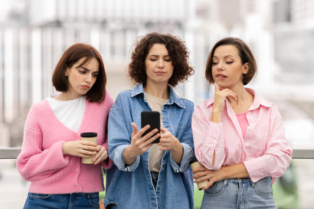 Three displeased females using smartphone while standing at terrace outdoorsの写真素材