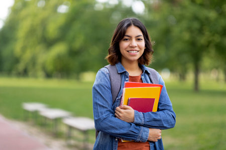 Smiling Beautiful Middle Eastern Female Student Holding Workbooks While Posing Outdoorsの写真素材