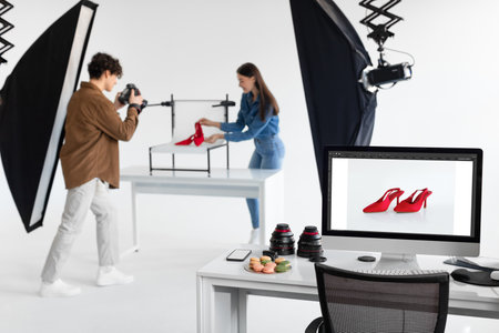 Male photographer and female art director taking photos of shoes, working in photostudio, focus on monitor with pictureの写真素材