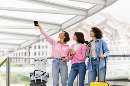 Three Young Female Friends Standing With Luggage At Airport And Pointing Awayの写真素材