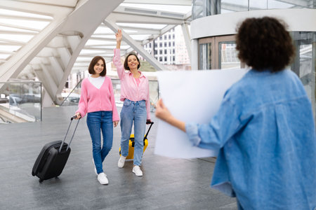 Two women waving to friend meeting them at airportの写真素材