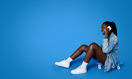 Joyful trendy black lady talking on phone, sitting on skateboardの写真素材