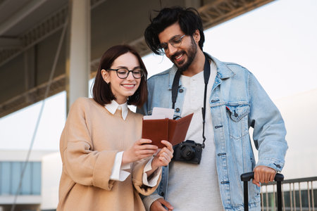 Cheerful young indian man and caucasian woman tourists in casual and glasses look at stamp in passportの写真素材