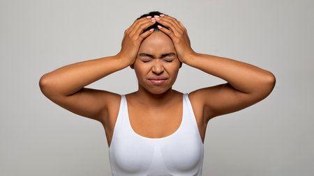 Upset african american woman suffering from terrible strong head painの写真素材