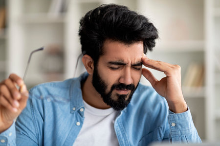 Closeup Shot Of Tired Young Indian Man Suffering Acute Headacheの写真素材