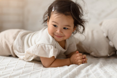 Cute Asian Toddler Baby Girl Lying On Bed At Homeの写真素材