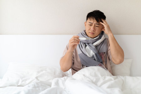 Sick middle aged asian man sitting in bed, checking feverの写真素材