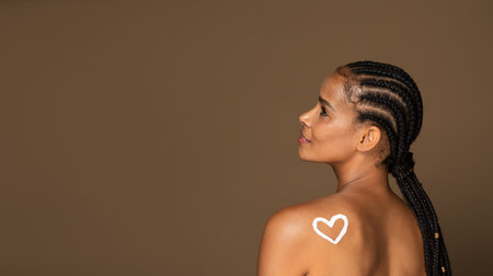 African american middle aged woman with heart made of body cream on back, brown background, panorama, free spaceの写真素材