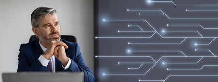 Sad pensive european adult businessman in suit with laptop think and look at abstract lines in...