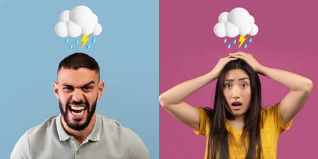Angry frustrated excited young arabic man and surprised sad asian woman with lightning, cloud and...