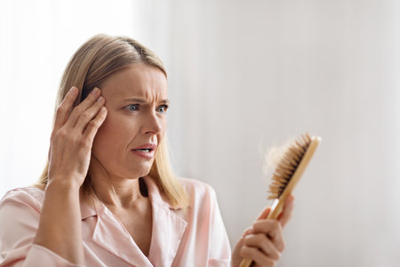 Shocked Mature Woman Looking At Brush Full Of Fallen Hairの写真素材