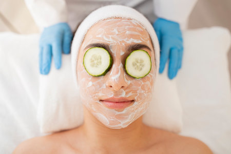 Skin Care. Beautiful woman with collagen mask and cucumber slices on eyesの写真素材