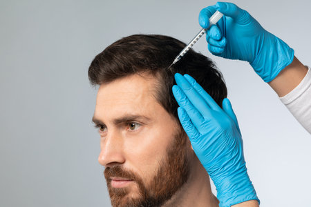 Mesotherapy for male hair. Handsome man receiving injections in his head, having mesotherapy session at beauty salonの写真素材