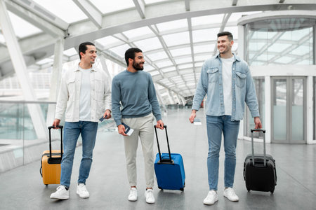 Three Men Walking With Travel Suitcases Holding Passports In Airportの写真素材
