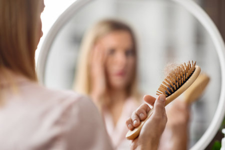 Hairloss. Shocked Blonde Woman Holding Comb Full Of Fallen Hair After Brushingの写真素材